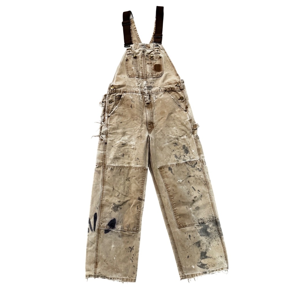 Carhartt R08 BRN Distressed Duck Bib Overalls Mens 32x30 Brown Double Knee Paint